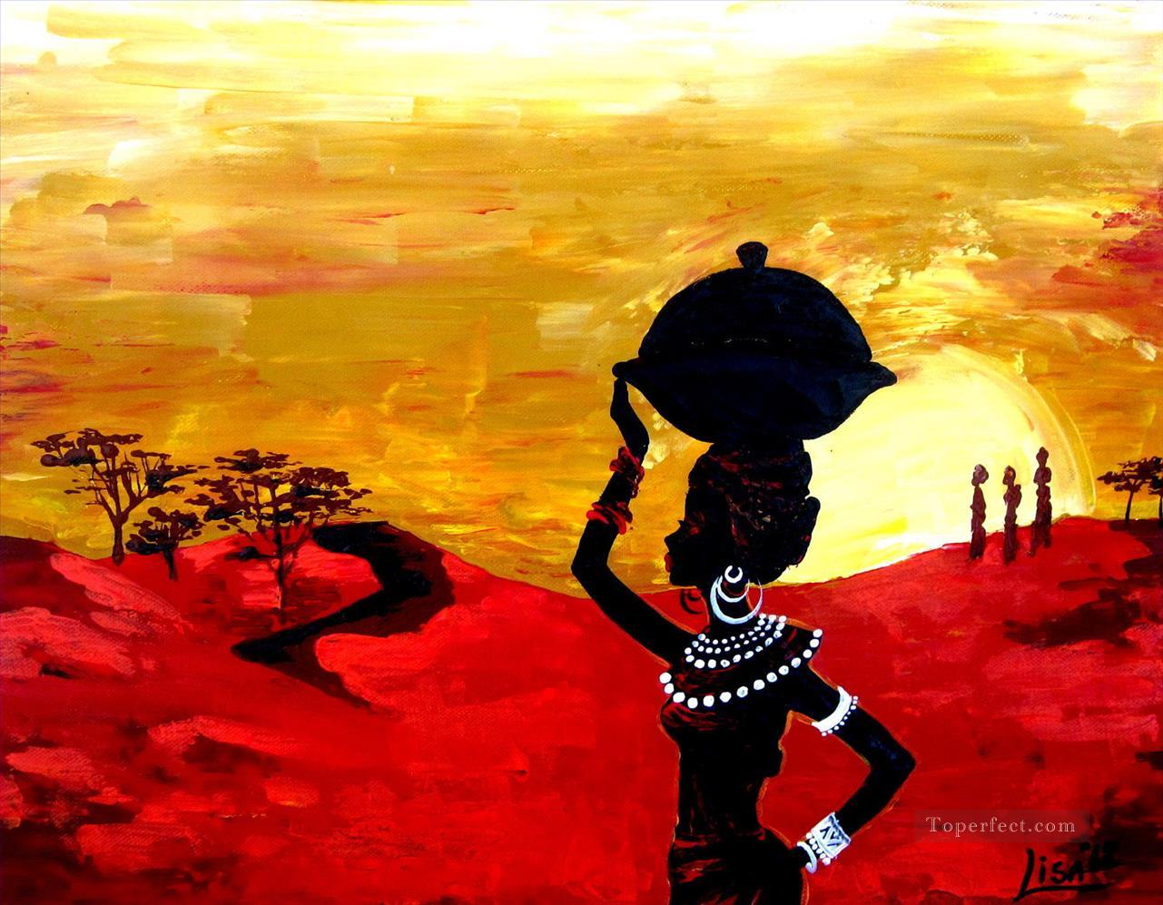 Femme noire avec pot au coucher de soleil Afriqueine Peintures à l'huile